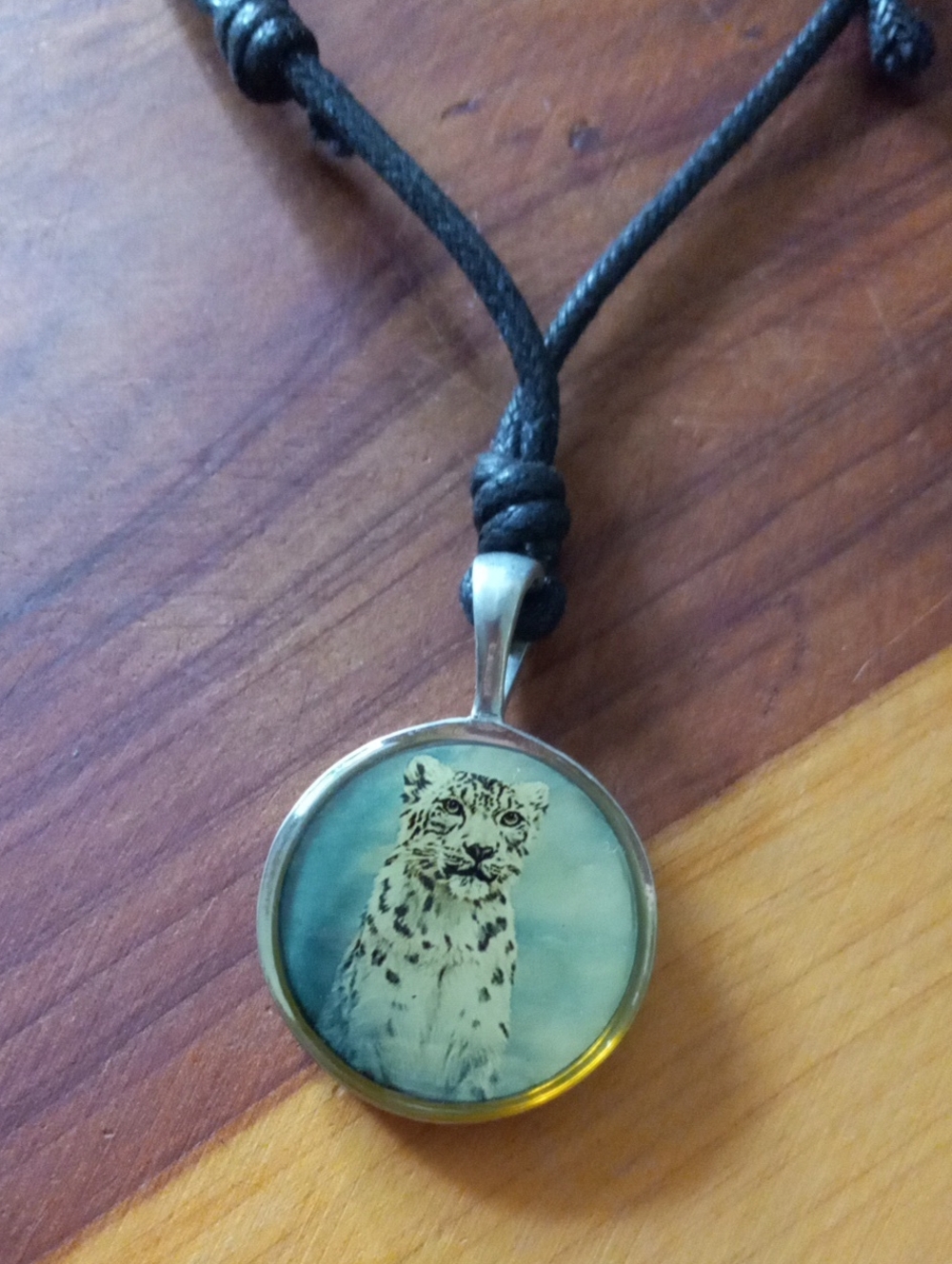 Snow Leopard Portrait Glass Cabochon Pendant Black Cord Necklace Wildlife